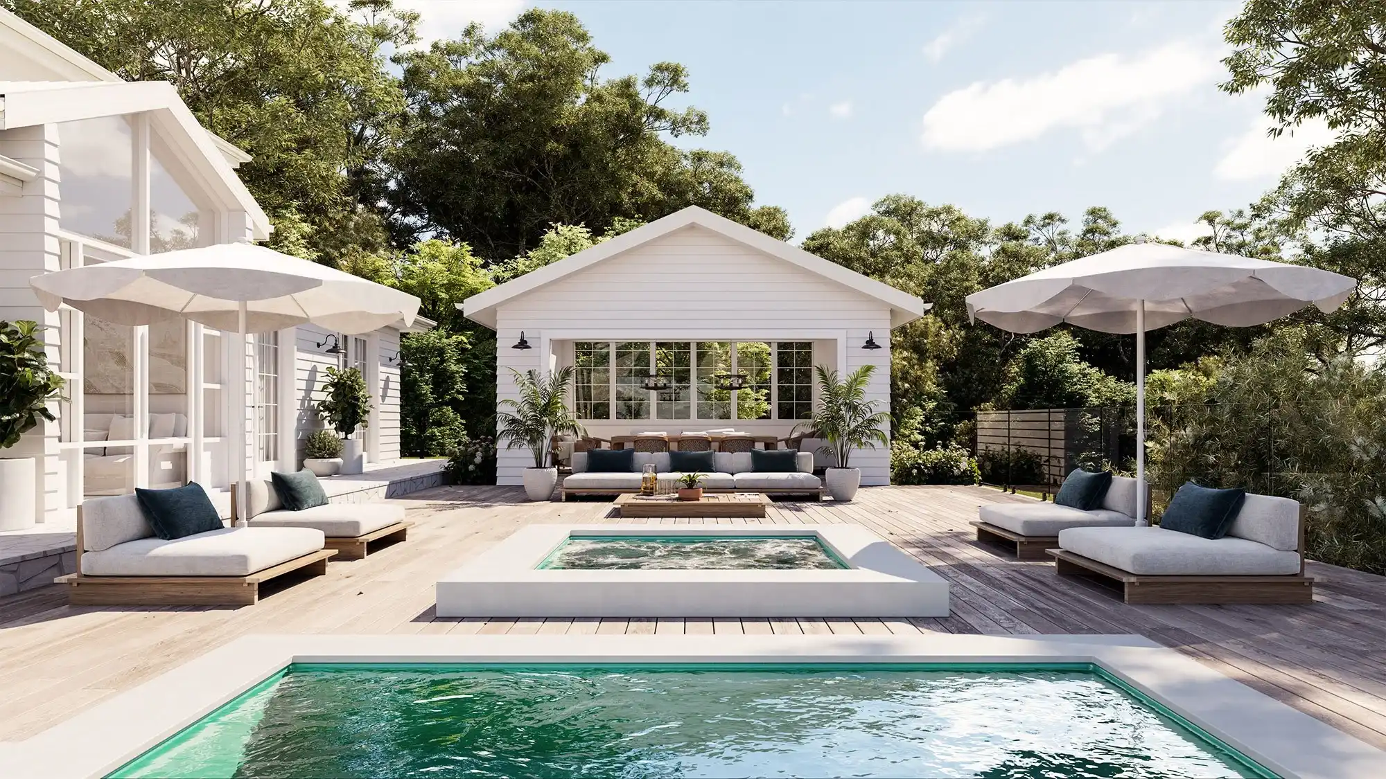 Outdoor Luxury Design with a contemporary poolside terrace, natural materials, elegant seating, and Mediterranean-inspired architecture.