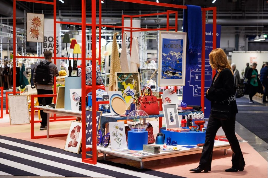 Vibrant trend exhibition display with Nordic design prints and home decor at the Formex trade fair.